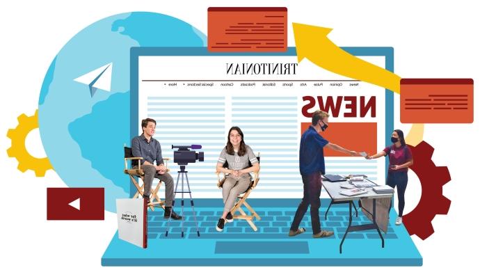 a photo illustration features students interacting with news while standing on top of an illustrated laptop
