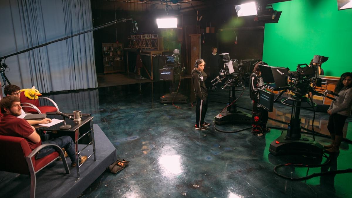 Students record a show in the Tiger TV studio.